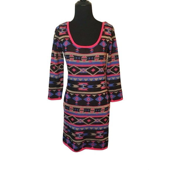 FLYING TOMATO Aztec Tribal Print Long Sleeves Mini Dress Size M - Picture 1 of 11